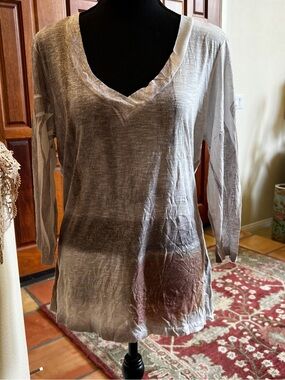 Elvis Laskin Artwear Top Womens L Abstract Print Stretch V Neck Cotton Poly